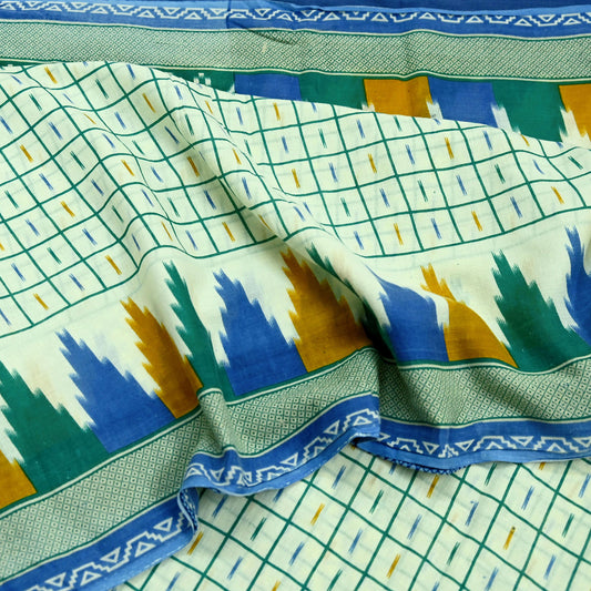 Indian Vintage Sari Green & Ivory Printed Pure Cotton Sarees 5Yd Craft Fabric Soft Sewing Sarong Wrap Boho Upcycle quilting Dress making