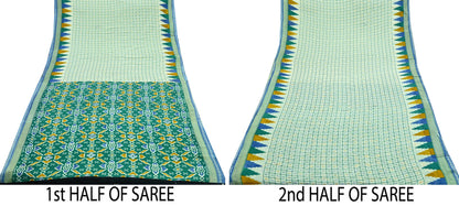 Indian Vintage Sari Green & Ivory Printed Pure Cotton Sarees 5Yd Craft Fabric Soft Sewing Sarong Wrap Boho Upcycle quilting Dress making
