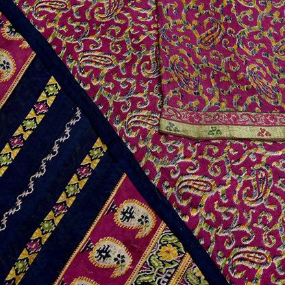 Indian Vintage Sari Purple & Blue Pure Silk Printed Sarees 6yd Sewing Craft Fabric Dress Making Wrap Boho Upcycle Quilting Crafting Zari