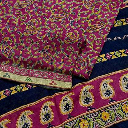 Indian Vintage Sari Purple & Blue Pure Silk Printed Sarees 6yd Sewing Craft Fabric Dress Making Wrap Boho Upcycle Quilting Crafting Zari