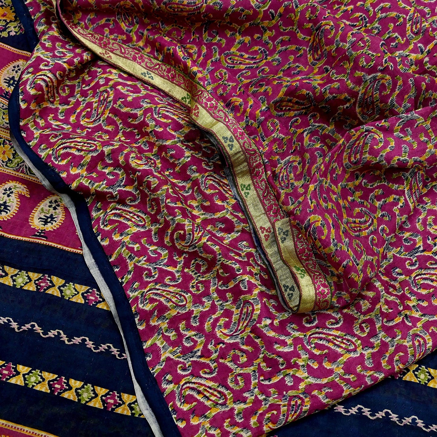 Indian Vintage Sari Purple & Blue Pure Silk Printed Sarees 6yd Sewing Craft Fabric Dress Making Wrap Boho Upcycle Quilting Crafting Zari