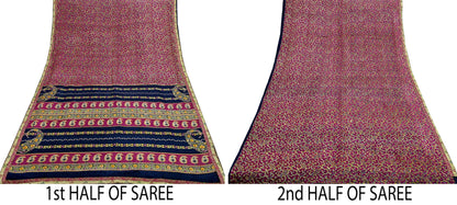Indian Vintage Sari Purple & Blue Pure Silk Printed Sarees 6yd Sewing Craft Fabric Dress Making Wrap Boho Upcycle Quilting Crafting Zari