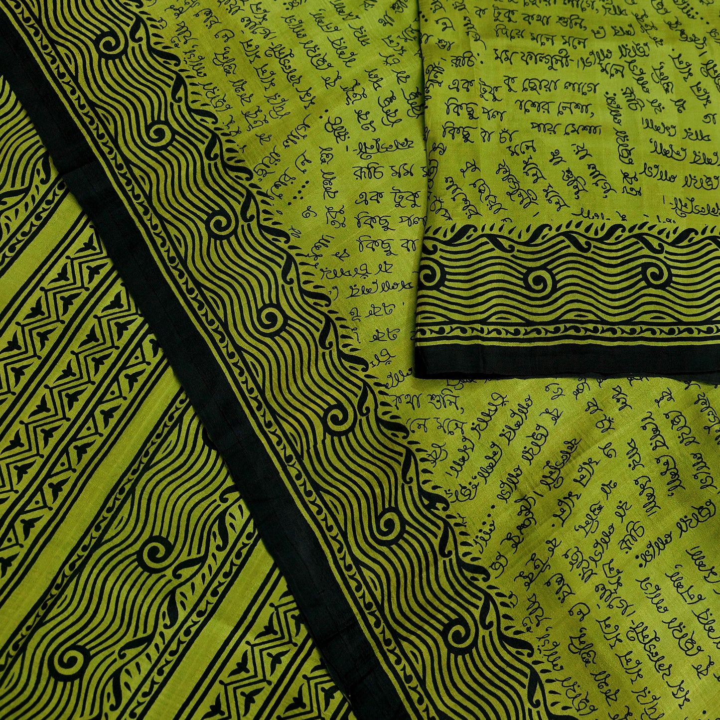 Indian Vintage Sari Black & Green 100% Pure Silk Printed Sarees Craft Fabric 5yd Sewing Dress Making Crafting Quilting