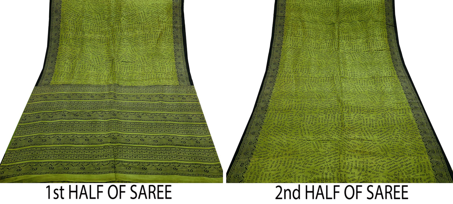 Indian Vintage Sari Black & Green 100% Pure Silk Printed Sarees Craft Fabric 5yd Sewing Dress Making Crafting Quilting