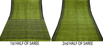 Indian Vintage Sari Black & Green 100% Pure Silk Printed Sarees Craft Fabric 5yd Sewing Dress Making Crafting Quilting