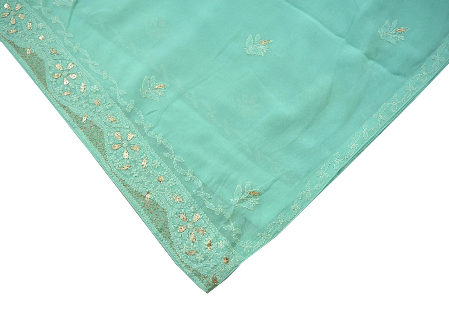 Indian Vintage Dupatta Green Pure Georgette silk Long Stole Hand Embroidered Chikankari Stole Floral Scarf Scarves