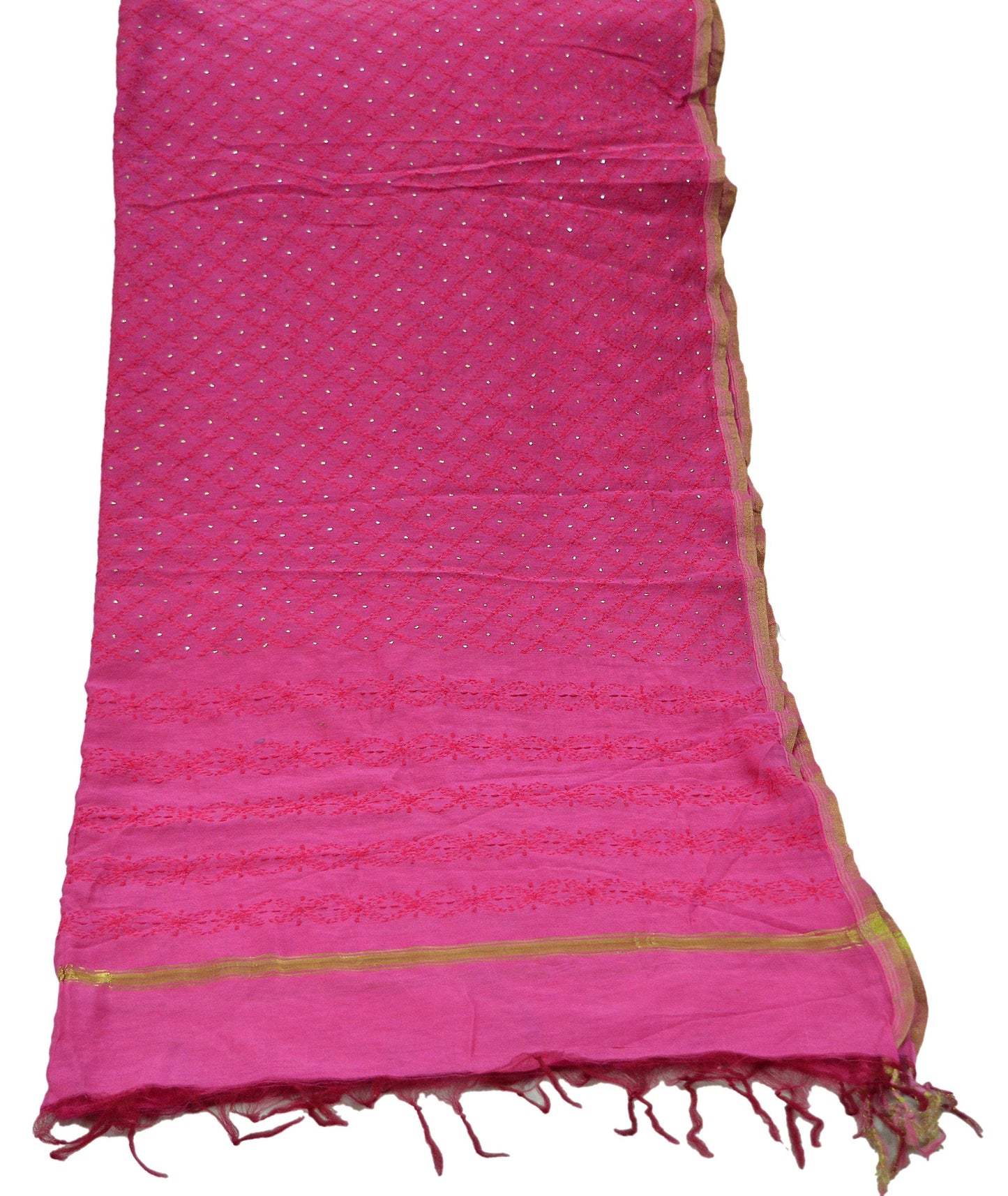 Indian Vintage Pink Dupatta Long Stole Hand Embroidered Mukesh Pure Chanderi Silk Scarves Veil Golden Zari Soft Fringes Zardozi/ Dabka