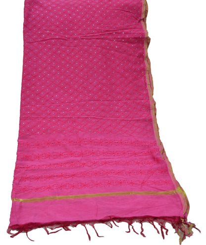 Indian Vintage Pink Dupatta Long Stole Hand Embroidered Mukesh Pure Chanderi Silk Scarves Veil Golden Zari Soft Fringes Zardozi/ Dabka