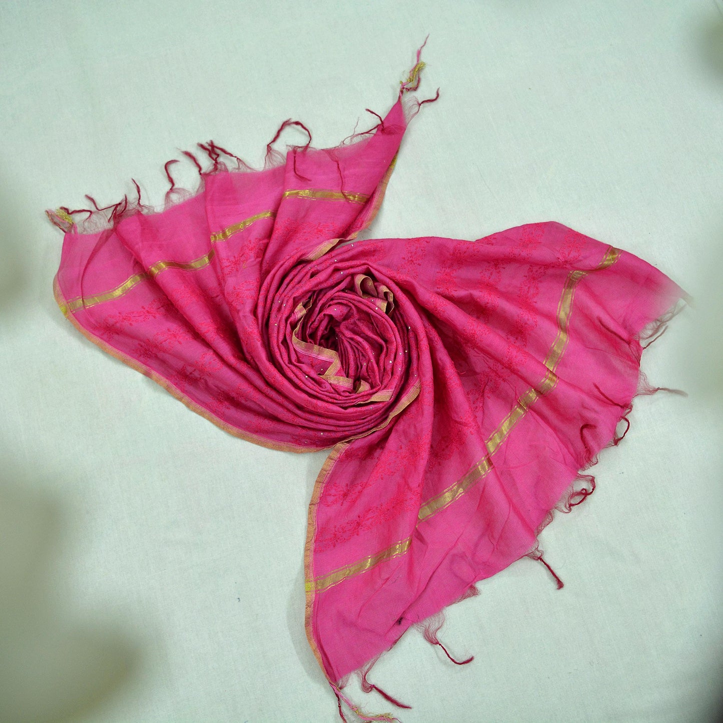 Indian Vintage Pink Dupatta Long Stole Hand Embroidered Mukesh Pure Chanderi Silk Scarves Veil Golden Zari Soft Fringes Zardozi/ Dabka