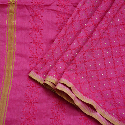 Indian Vintage Pink Dupatta Long Stole Hand Embroidered Mukesh Pure Chanderi Silk Scarves Veil Golden Zari Soft Fringes Zardozi/ Dabka