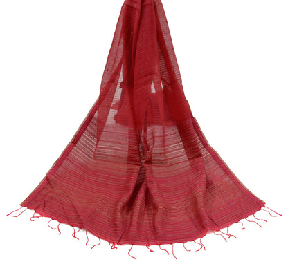 Indian Vintage Red Dupatta Long Stole Hand Embroidered Pure Chanderi Silk Scarves Veil Golden Zari Soft Fringes