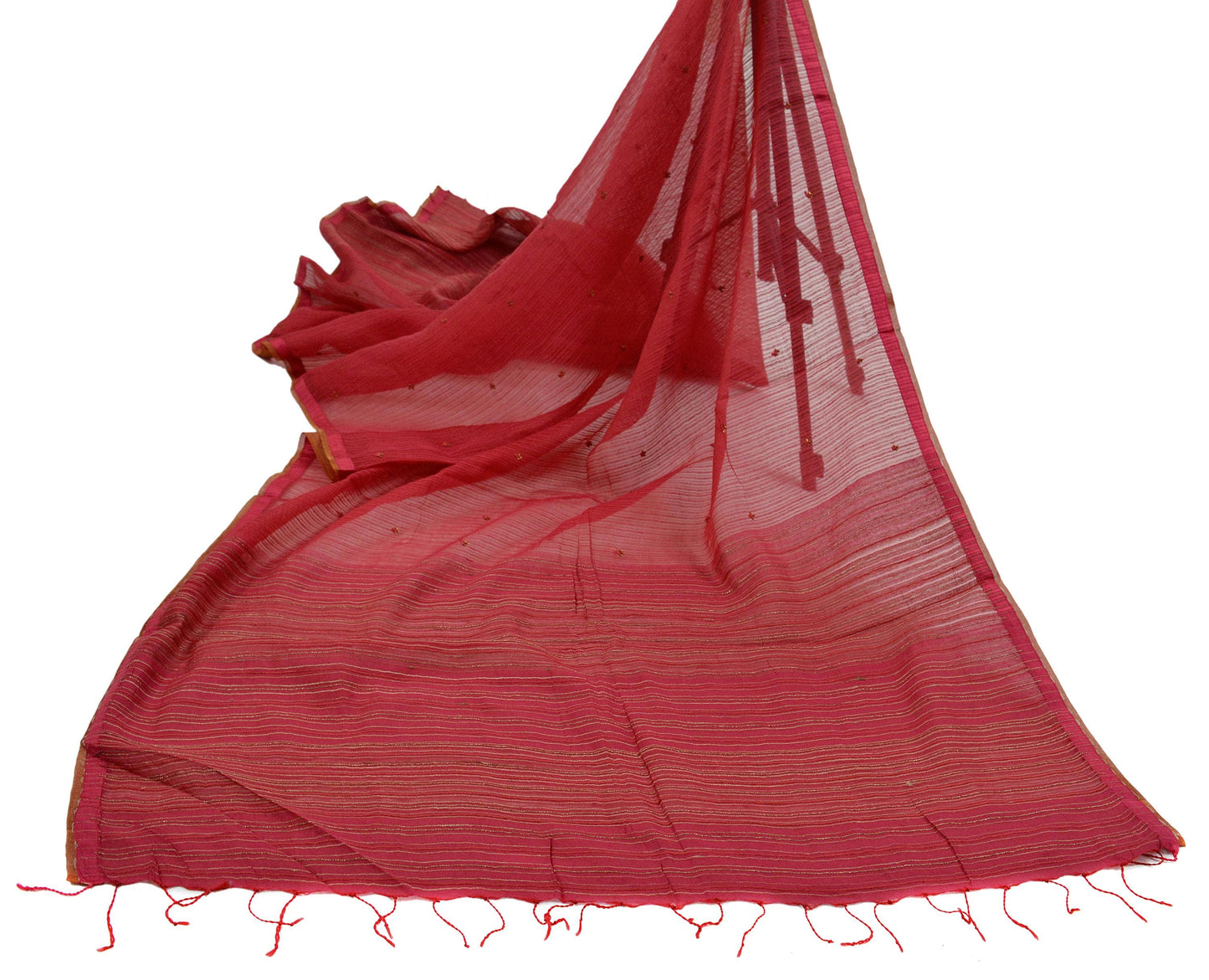 Indian Vintage Red Dupatta Long Stole Hand Embroidered Pure Chanderi Silk Scarves Veil Golden Zari Soft Fringes