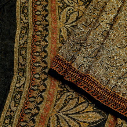 Indian Women Vintage Beige & Black Saree Pure Chiffon Silk Printed Sari Craft Fabric Sewing 5Yard Soft Light Sari Dress Making