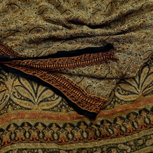Indian Women Vintage Beige & Black Saree Pure Chiffon Silk Printed Sari Craft Fabric Sewing 5Yard Soft Light Sari Dress Making