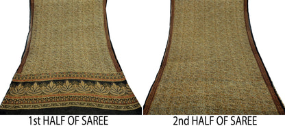 Indian Women Vintage Beige & Black Saree Pure Chiffon Silk Printed Sari Craft Fabric Sewing 5Yard Soft Light Sari Dress Making