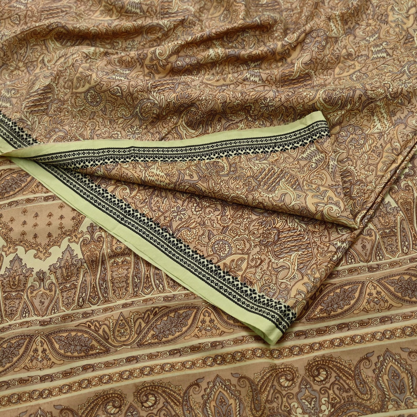 Indian Vintage Beige Saree Pure Silk Printed Sari Craft Fabric 6yd Sewing Craft Dress Making  Soft Paisley Quilting Crafting Upcycle Used