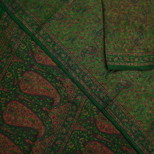 Indian Vintage Sari Green Pure Silk Printed Sarees 5yd Sewing Craft Fabric Dress Making  Soft Paisley Wrap Upcycle Used Quilting Crafting