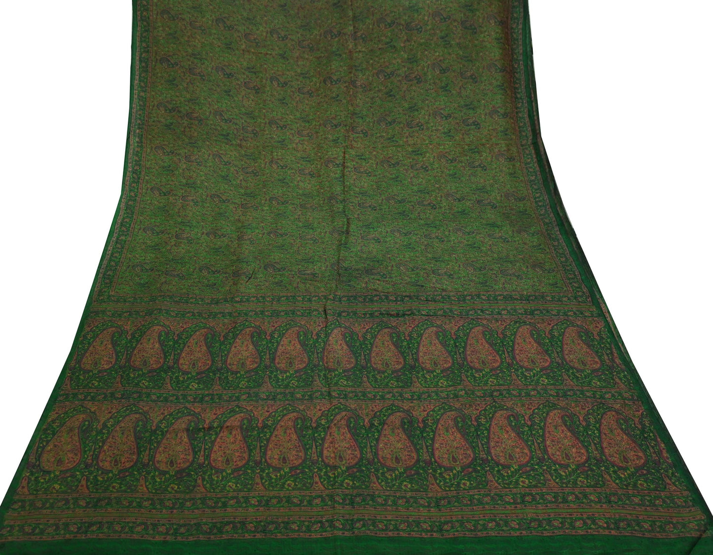 Indian Vintage Sari Green Pure Silk Printed Sarees 5yd Sewing Craft Fabric Dress Making  Soft Paisley Wrap Upcycle Used Quilting Crafting