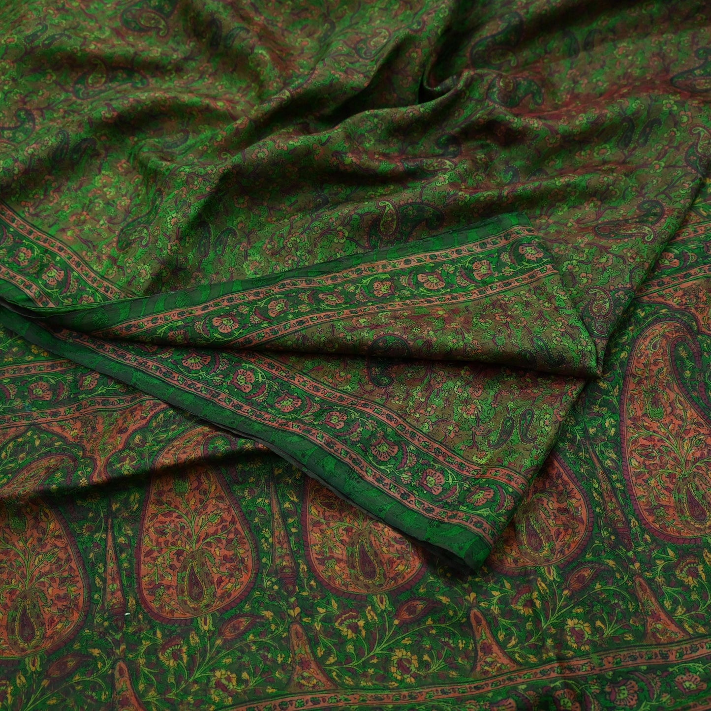 Indian Vintage Sari Green Pure Silk Printed Sarees 5yd Sewing Craft Fabric Dress Making  Soft Paisley Wrap Upcycle Used Quilting Crafting