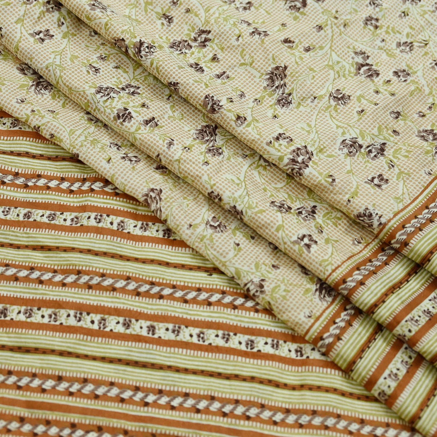 Indian Vintage Sari Ivory & Beige Pure Silk Printed Saree 5yd Sewing Paisley Craft Fabric DressMaking Soft Used Upcycled