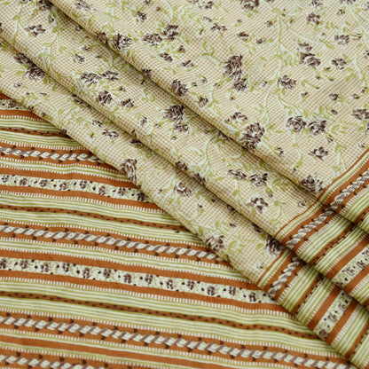 Indian Vintage Sari Ivory & Beige Pure Silk Printed Saree 5yd Sewing Paisley Craft Fabric DressMaking Soft Used Upcycled