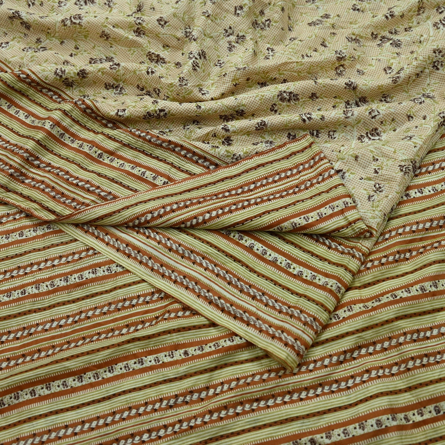 Indian Vintage Sari Ivory & Beige Pure Silk Printed Saree 5yd Sewing Paisley Craft Fabric DressMaking Soft Used Upcycled