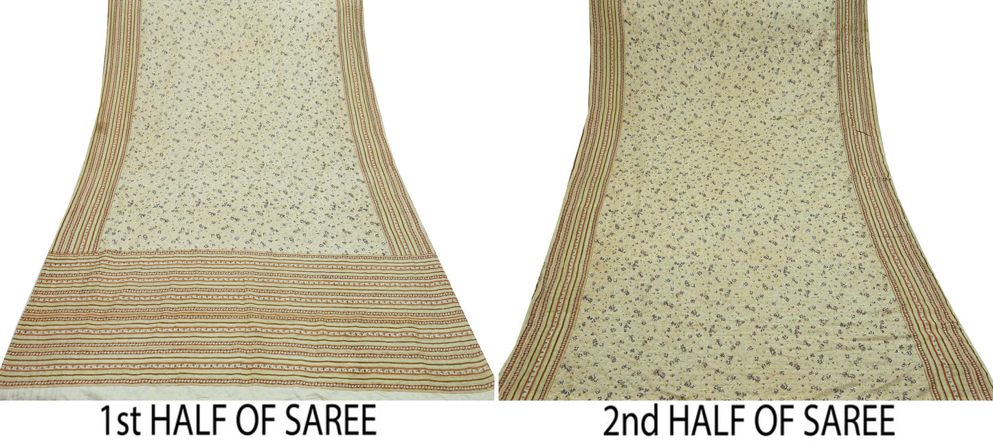 Indian Vintage Sari Ivory & Beige Pure Silk Printed Saree 5yd Sewing Paisley Craft Fabric DressMaking Soft Used Upcycled