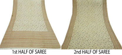 Indian Vintage Sari Ivory & Beige Pure Silk Printed Saree 5yd Sewing Paisley Craft Fabric DressMaking Soft Used Upcycled