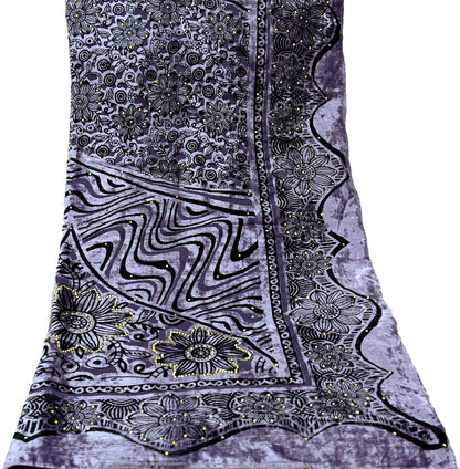 Indian Vintage Dupatta Purple Long Stole velvet Brasso Scarves Veil Hijab Wrap Floral Boho
