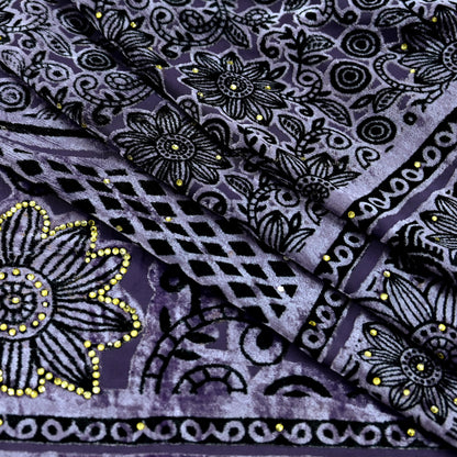 Indian Vintage Dupatta Purple Long Stole velvet Brasso Scarves Veil Hijab Wrap Floral Boho
