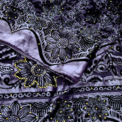 Indian Vintage Dupatta Purple Long Stole velvet Brasso Scarves Veil Hijab Wrap Floral Boho