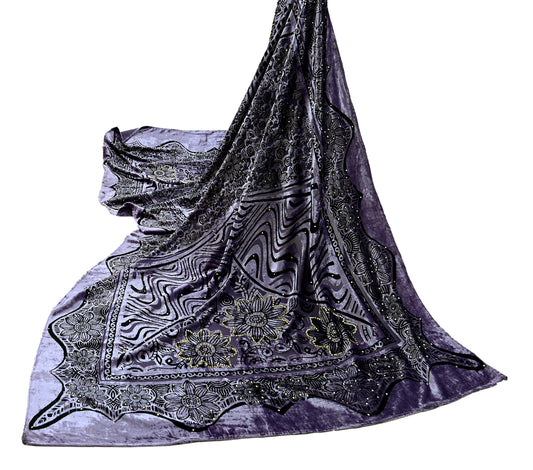 Indian Vintage Dupatta Purple Long Stole velvet Brasso Scarves Veil Hijab Wrap Floral Boho