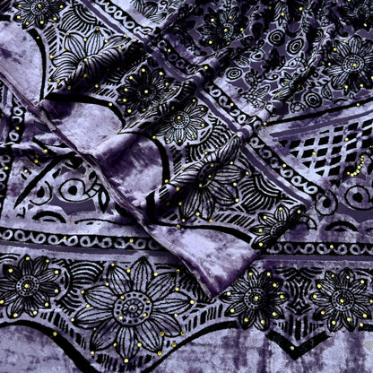 Indian Vintage Dupatta Purple Long Stole velvet Brasso Scarves Veil Hijab Wrap Floral Boho