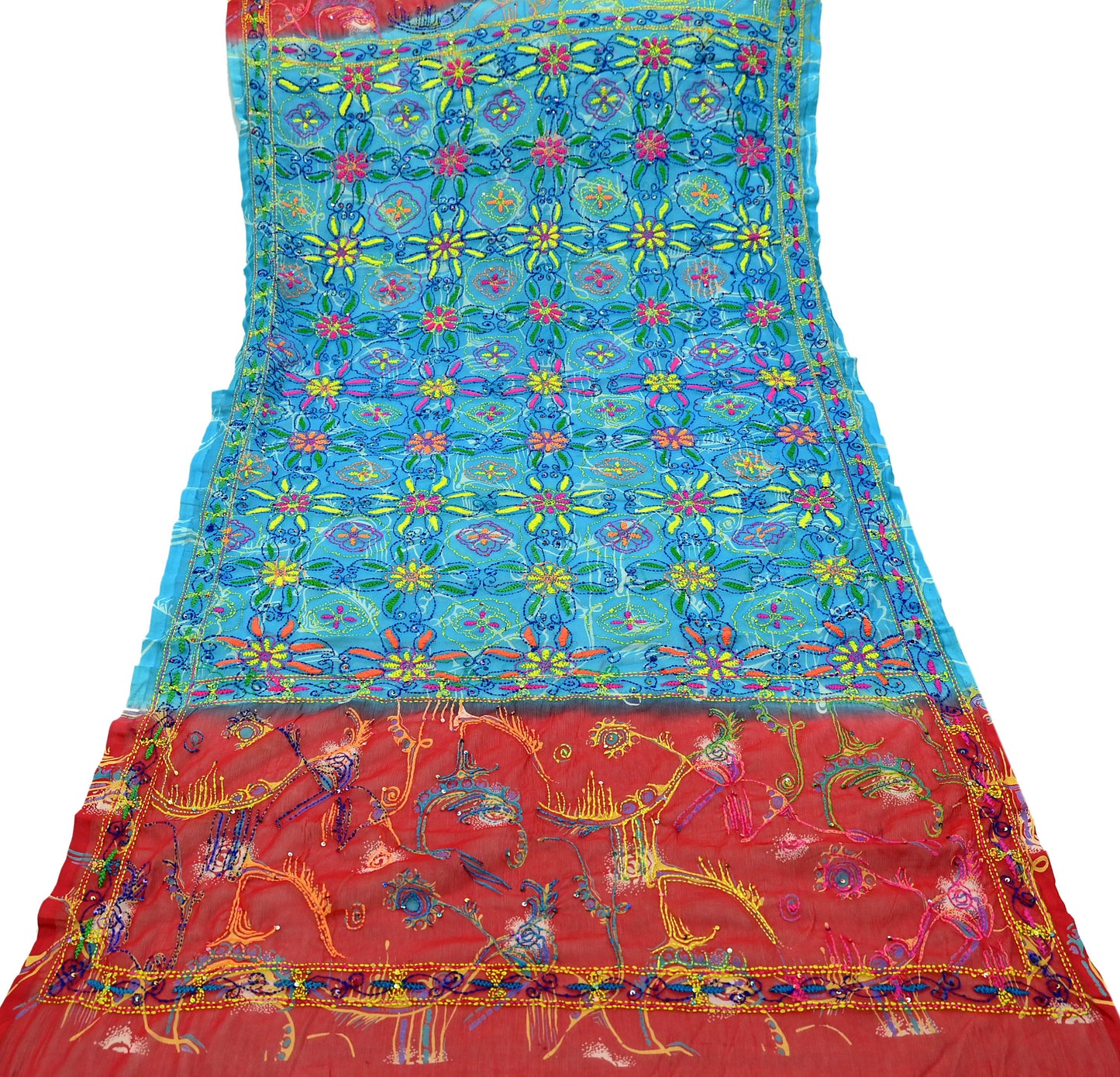 Indian Vintage Dupatta Blue & red Long Stole Hand Embroidered kantha stole Georgette Scarves Veil Wrap Soft Floral Sequins