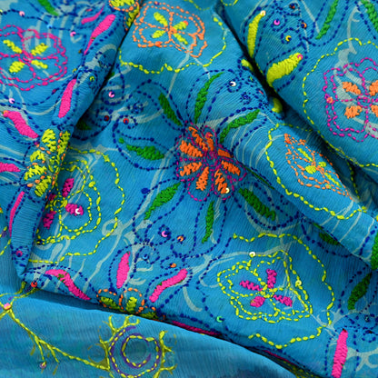 Indian Vintage Dupatta Blue & red Long Stole Hand Embroidered kantha stole Georgette Scarves Veil Wrap Soft Floral Sequins