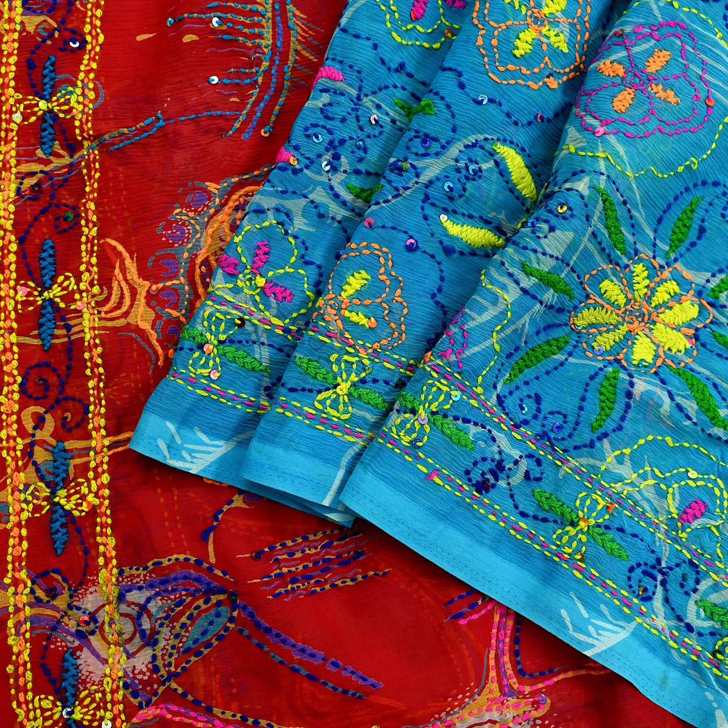 Indian Vintage Dupatta Blue & red Long Stole Hand Embroidered kantha stole Georgette Scarves Veil Wrap Soft Floral Sequins