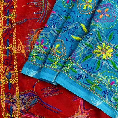 Indian Vintage Dupatta Blue & red Long Stole Hand Embroidered kantha stole Georgette Scarves Veil Wrap Soft Floral Sequins