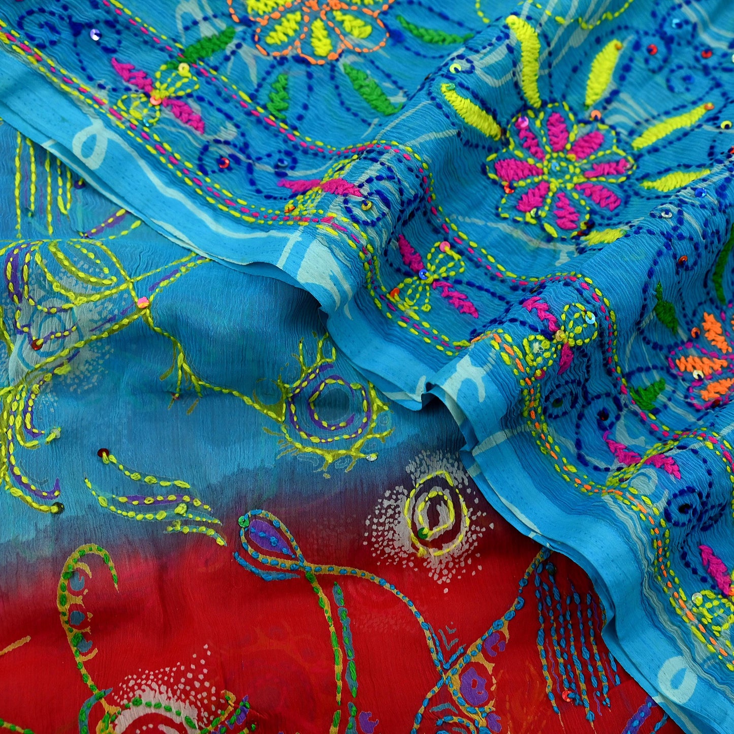 Indian Vintage Dupatta Blue & red Long Stole Hand Embroidered kantha stole Georgette Scarves Veil Wrap Soft Floral Sequins