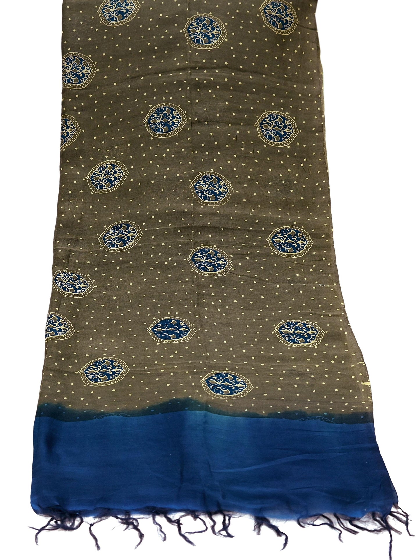 Indian Vintage Dupatta Green & Blue Dupatta Long Stole Block Print Pure Chanderi Silk Indian Scarves Veil Golden Zari