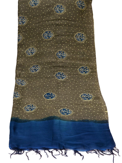 Indian Vintage Dupatta Green & Blue Dupatta Long Stole Block Print Pure Chanderi Silk Indian Scarves Veil Golden Zari