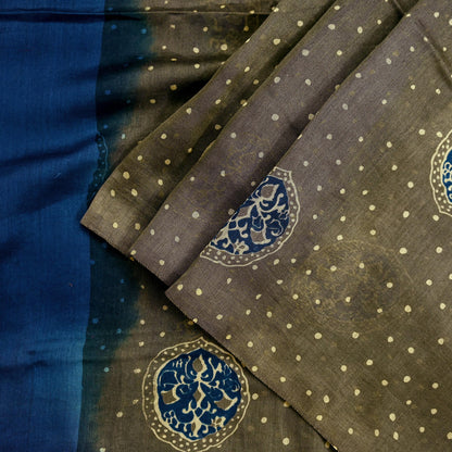 Indian Vintage Dupatta Green & Blue Dupatta Long Stole Block Print Pure Chanderi Silk Indian Scarves Veil Golden Zari