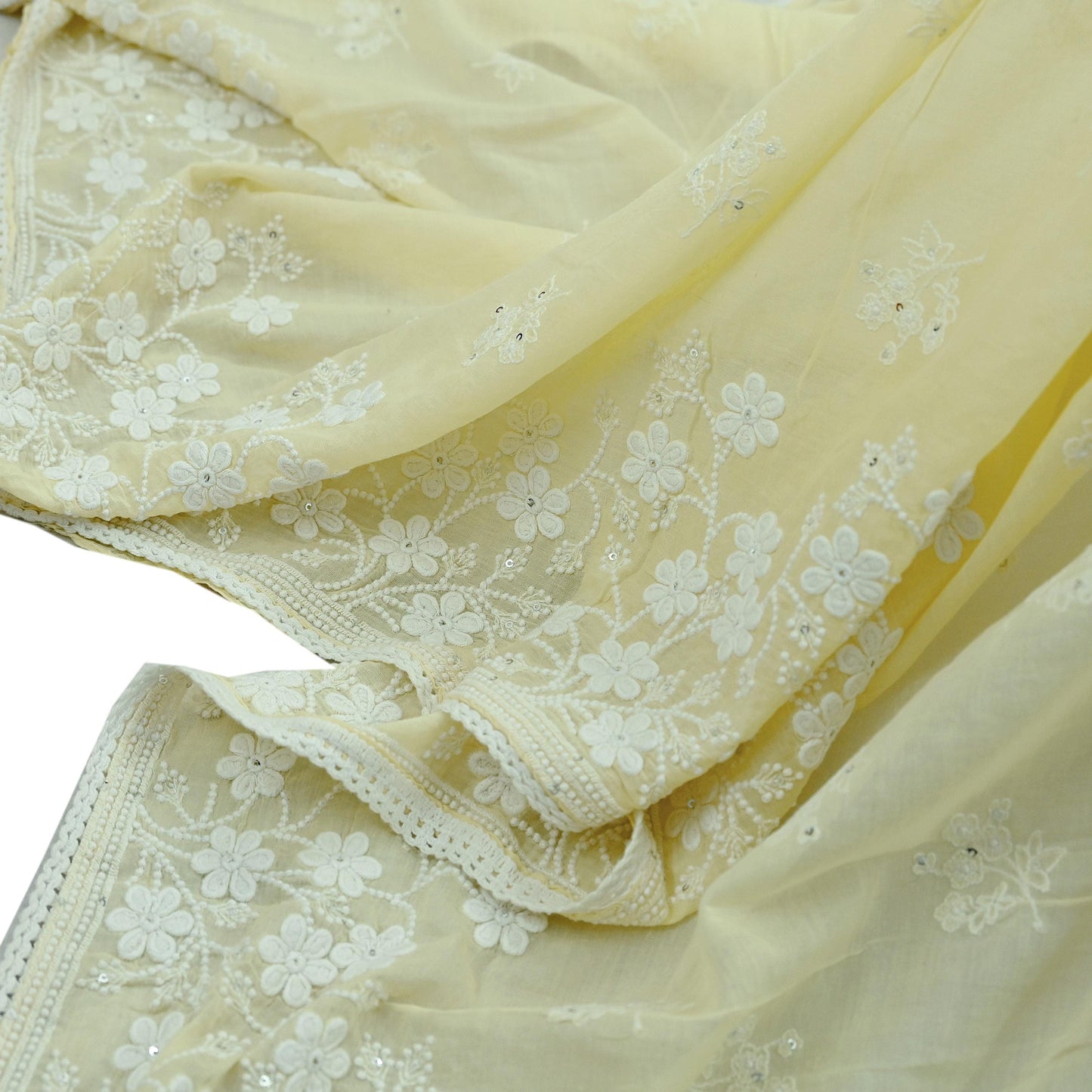 Indian Vintage Yellow Dupatta Long Stole Embroidered Pure Cotton Scarves Veil Sequins Soft