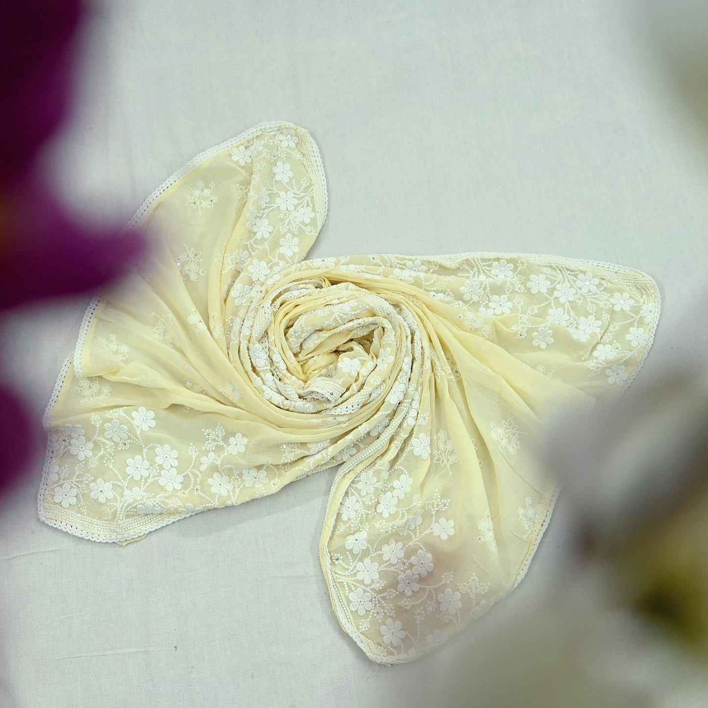 Indian Vintage Yellow Dupatta Long Stole Embroidered Pure Cotton Scarves Veil Sequins Soft