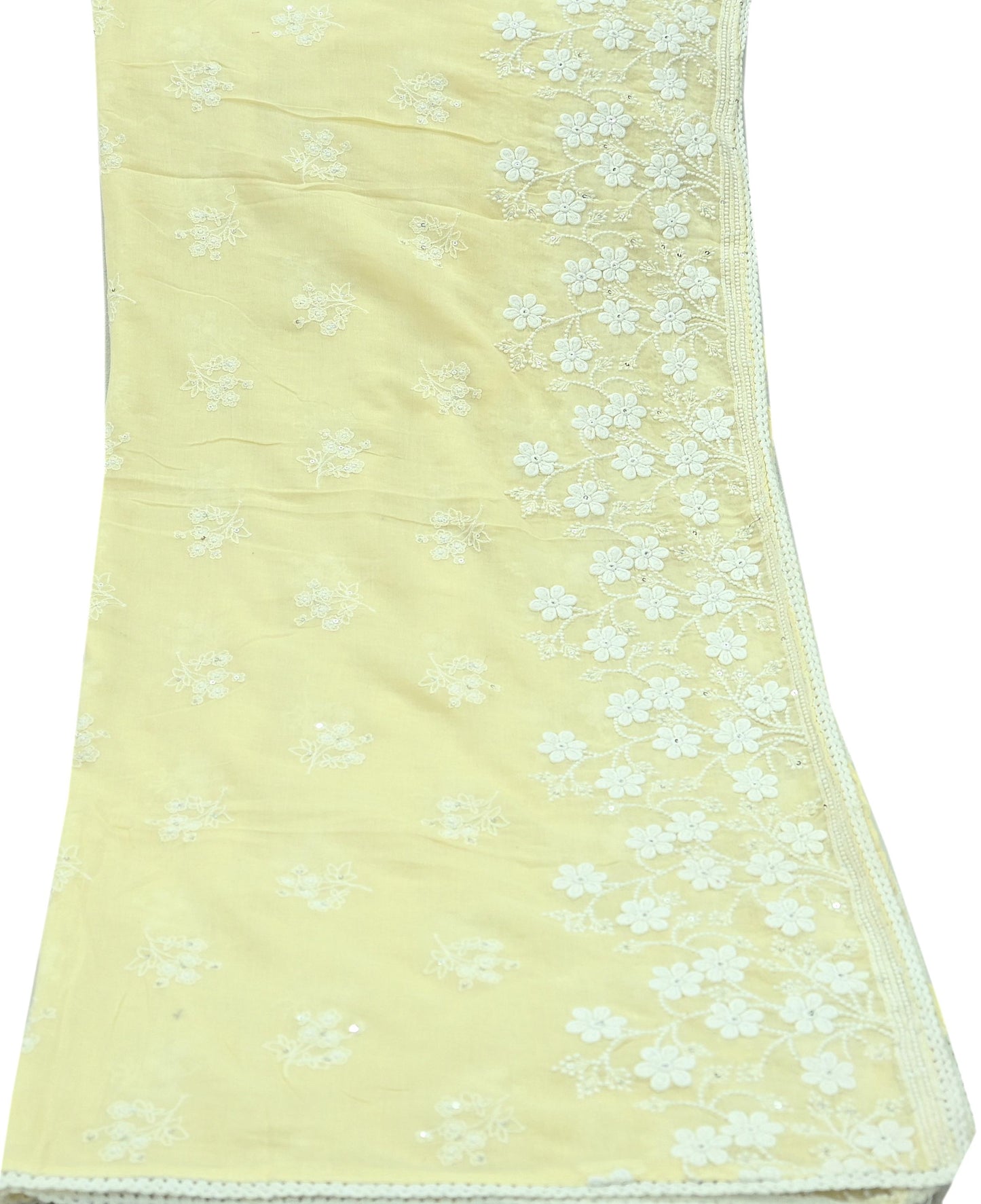 Indian Vintage Yellow Dupatta Long Stole Embroidered Pure Cotton Scarves Veil Sequins Soft