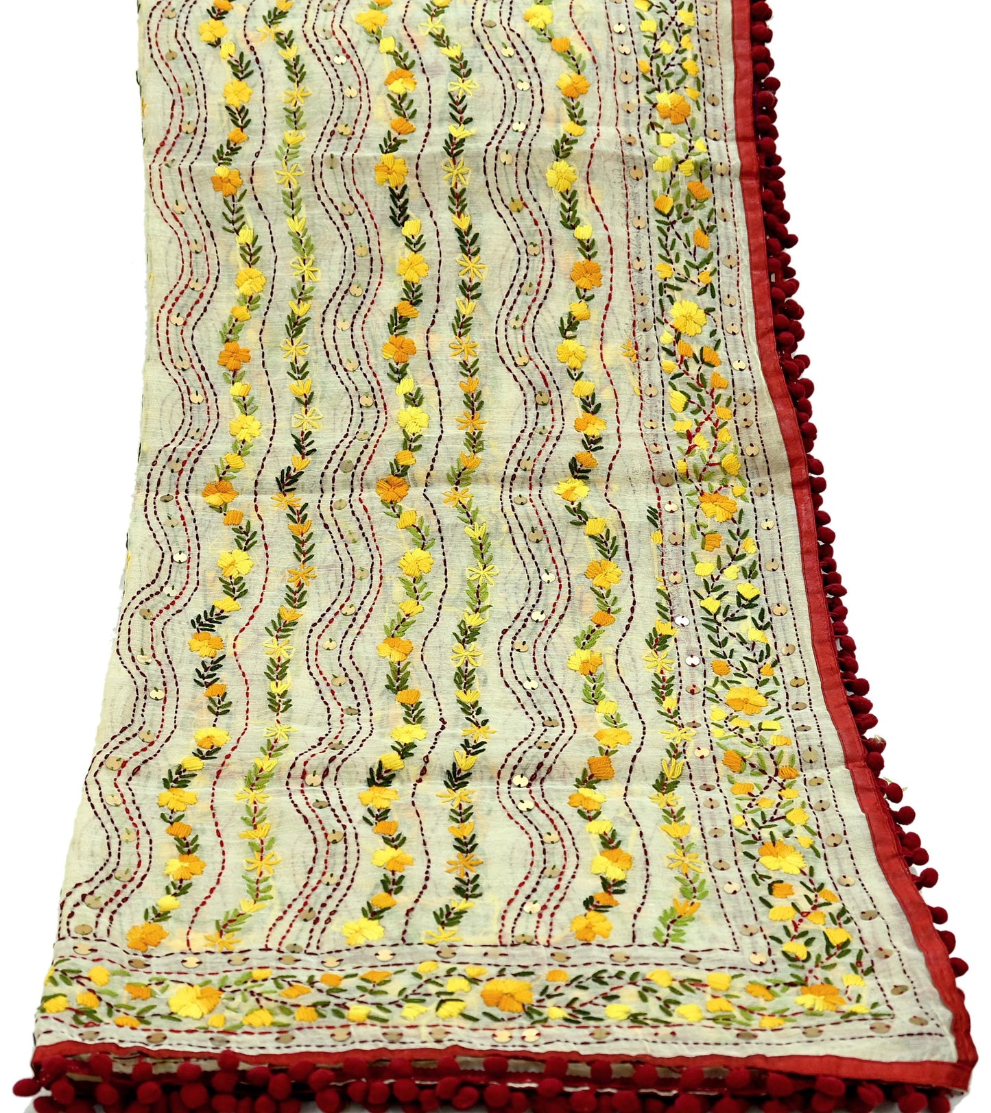 Indian Vintage Ivory Chanderi Silk Heavy Dupatta Long Stole Handmade Phulkari Stole Scarves Gota Patti