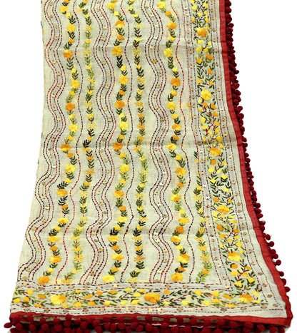 Indian Vintage Ivory Chanderi Silk Heavy Dupatta Long Stole Handmade Phulkari Stole Scarves Gota Patti