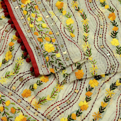 Indian Vintage Ivory Chanderi Silk Heavy Dupatta Long Stole Handmade Phulkari Stole Scarves Gota Patti