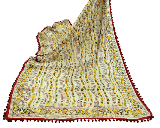 Indian Vintage Ivory Chanderi Silk Heavy Dupatta Long Stole Handmade Phulkari Stole Scarves Gota Patti