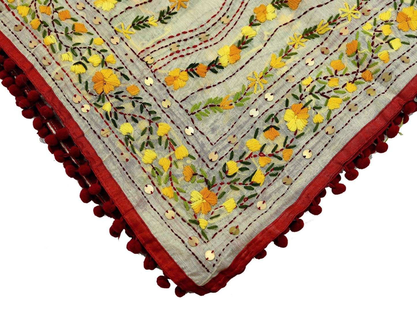 Indian Vintage Ivory Chanderi Silk Heavy Dupatta Long Stole Handmade Phulkari Stole Scarves Gota Patti