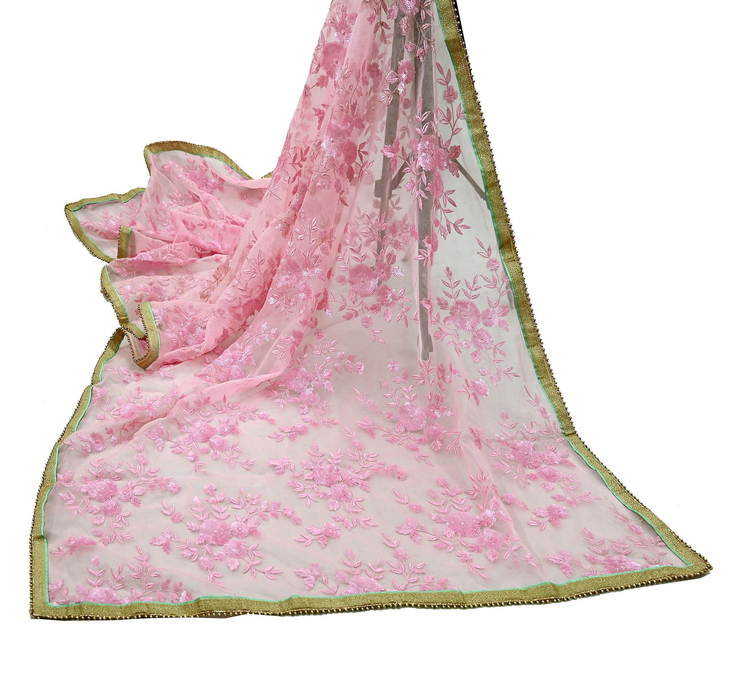 Indian Vintage Dupatta Pink Organza Long Stole Hand Embroidered Scarves Veil Sequins Soft